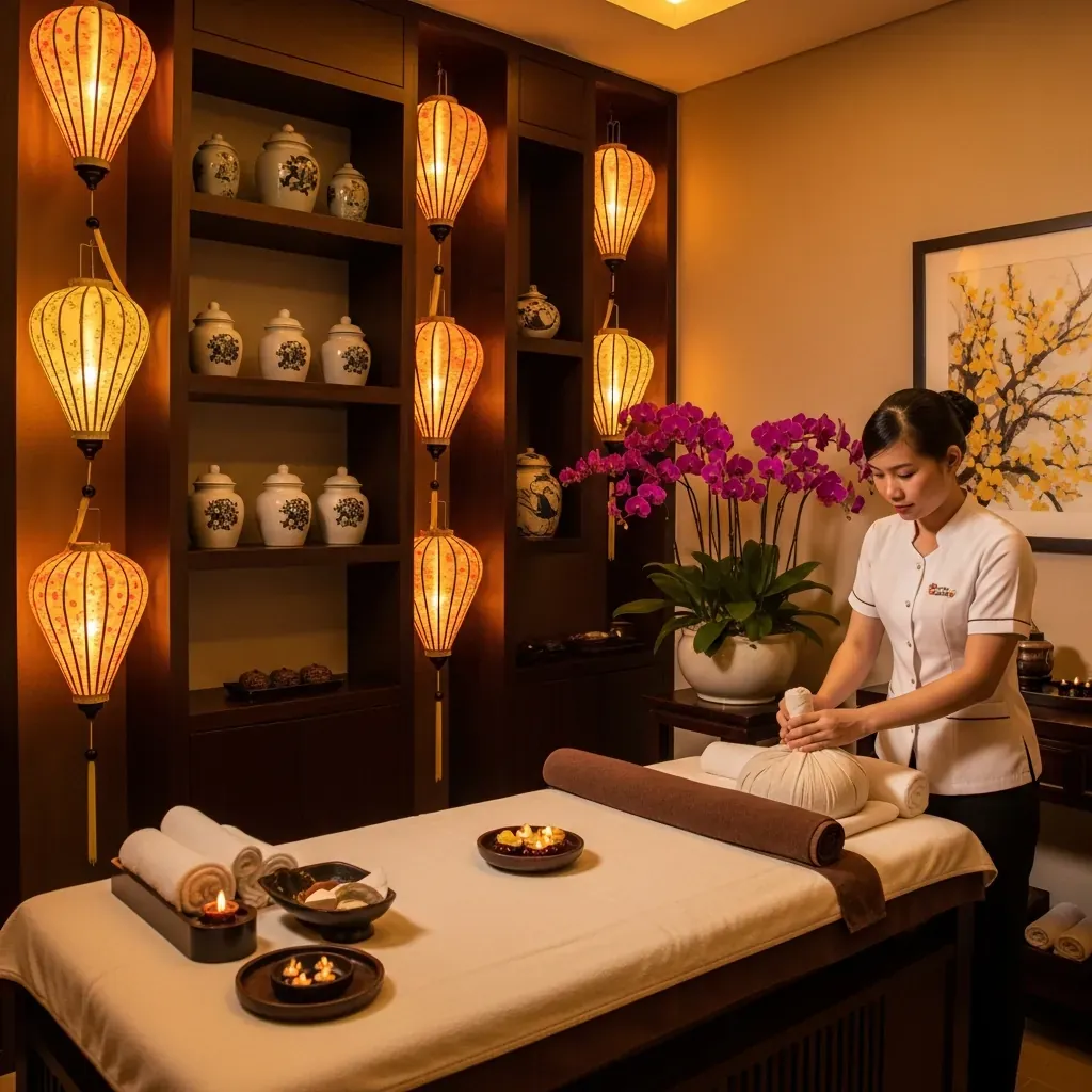 Không gian sang trọng tại QueenPearl Luxury Spa với khách đang được trị liệu thảo dược.