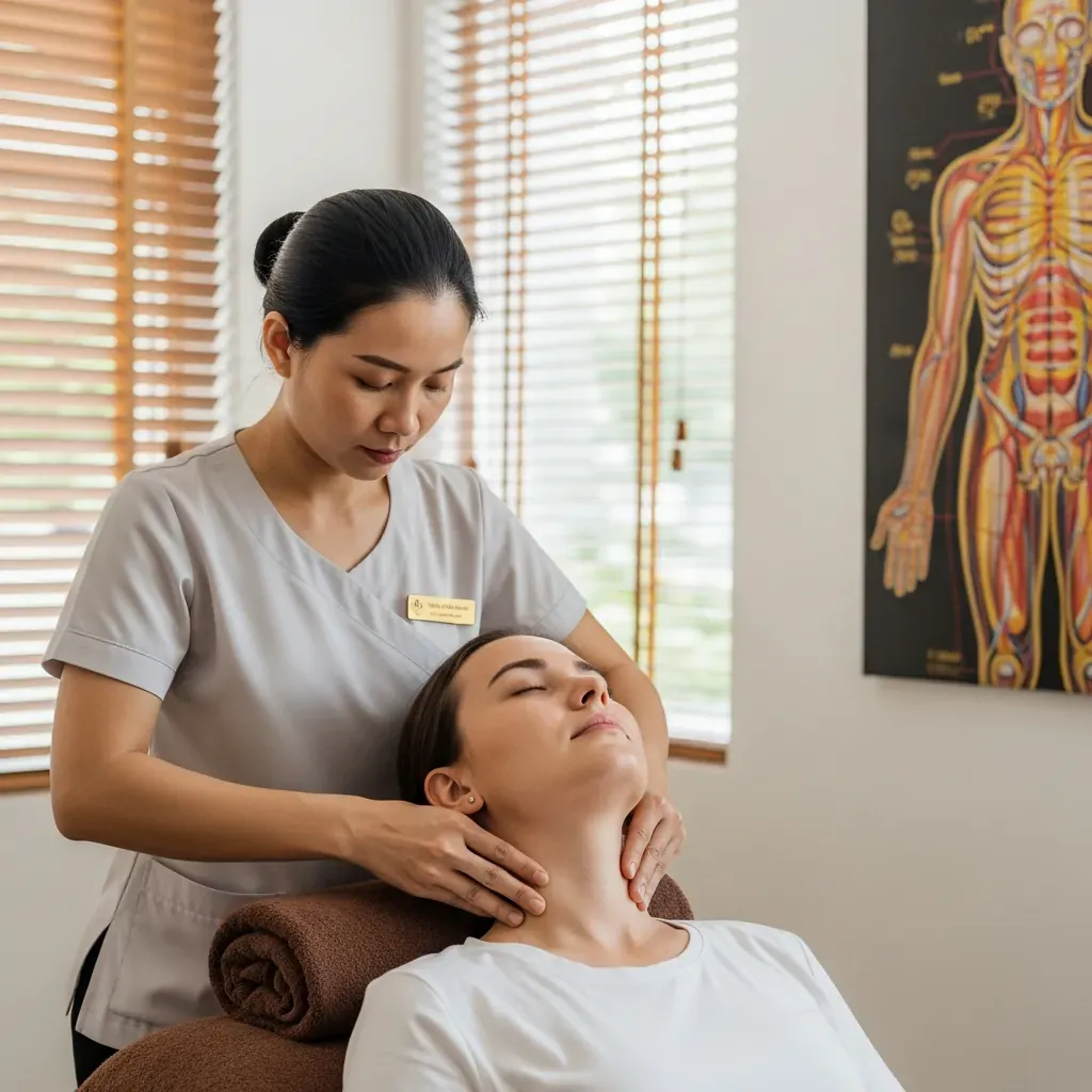 Kỹ thuật viên Mộc Spa bấm huyệt cổ cho khách.