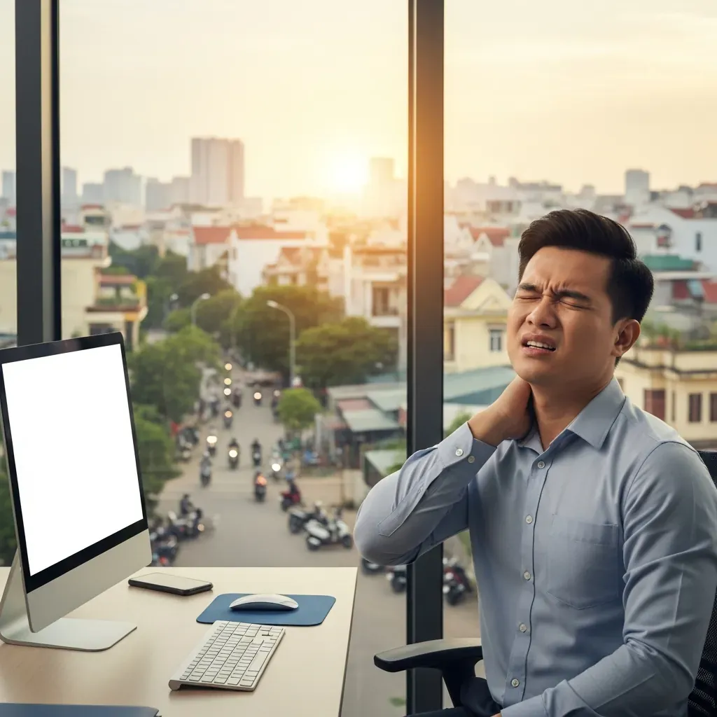 Người đàn ông đau cổ vai gáy khi làm việc văn phòng.