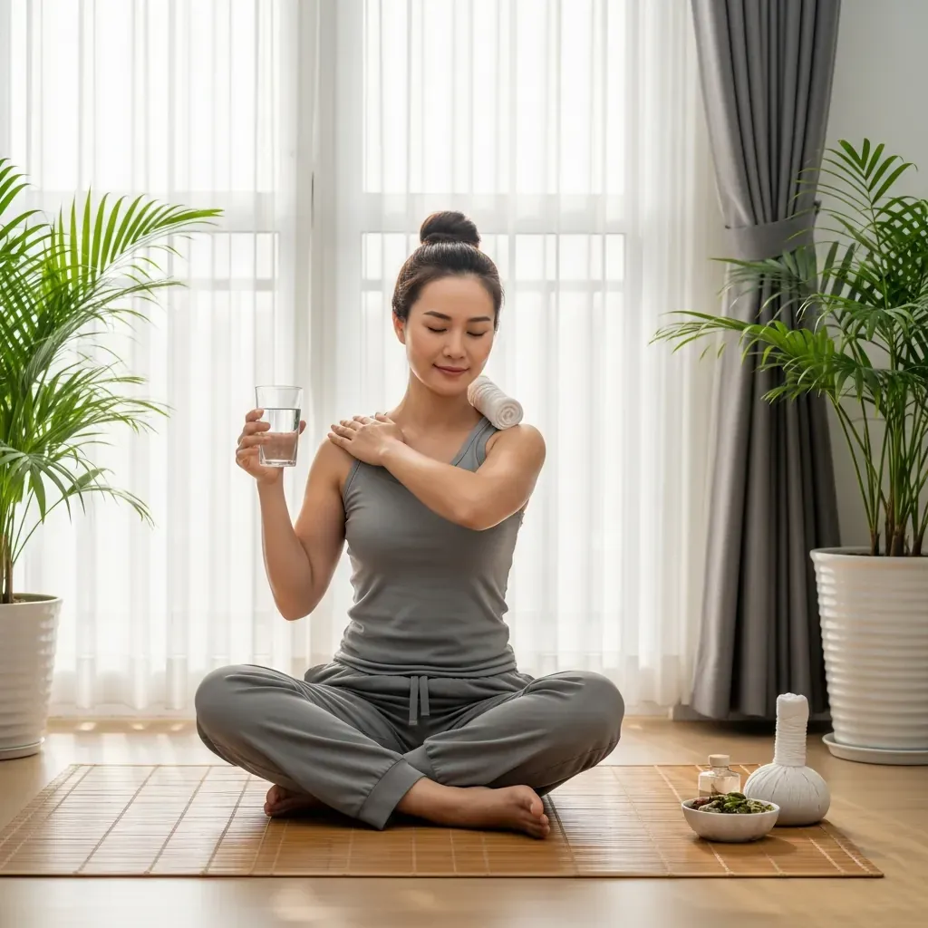 Người phụ nữ uống nước ấm và thư giãn tại nhà sau massage.