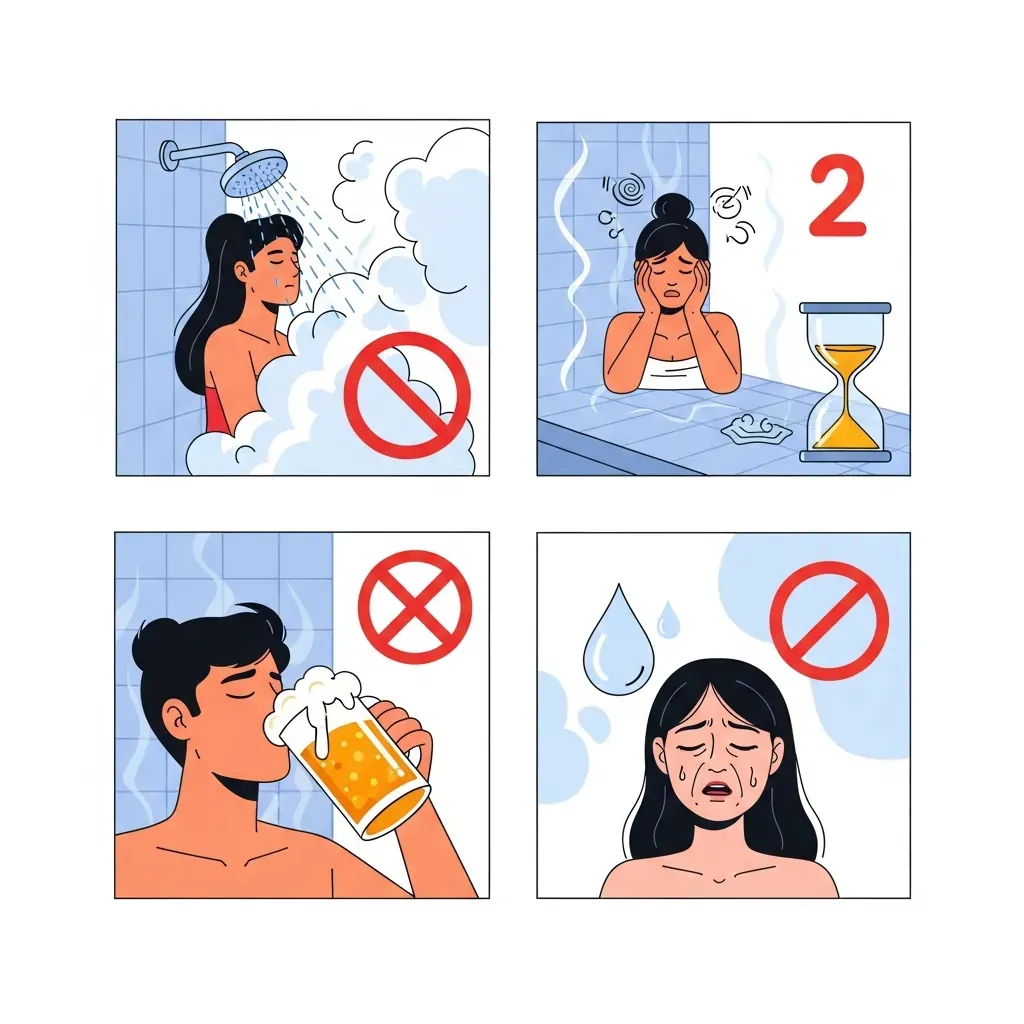 Bảng cảnh báo các sai lầm khi xông hơi: tắm ngay, xông quá lâu, xông sau rượu bia, quên uống nước.