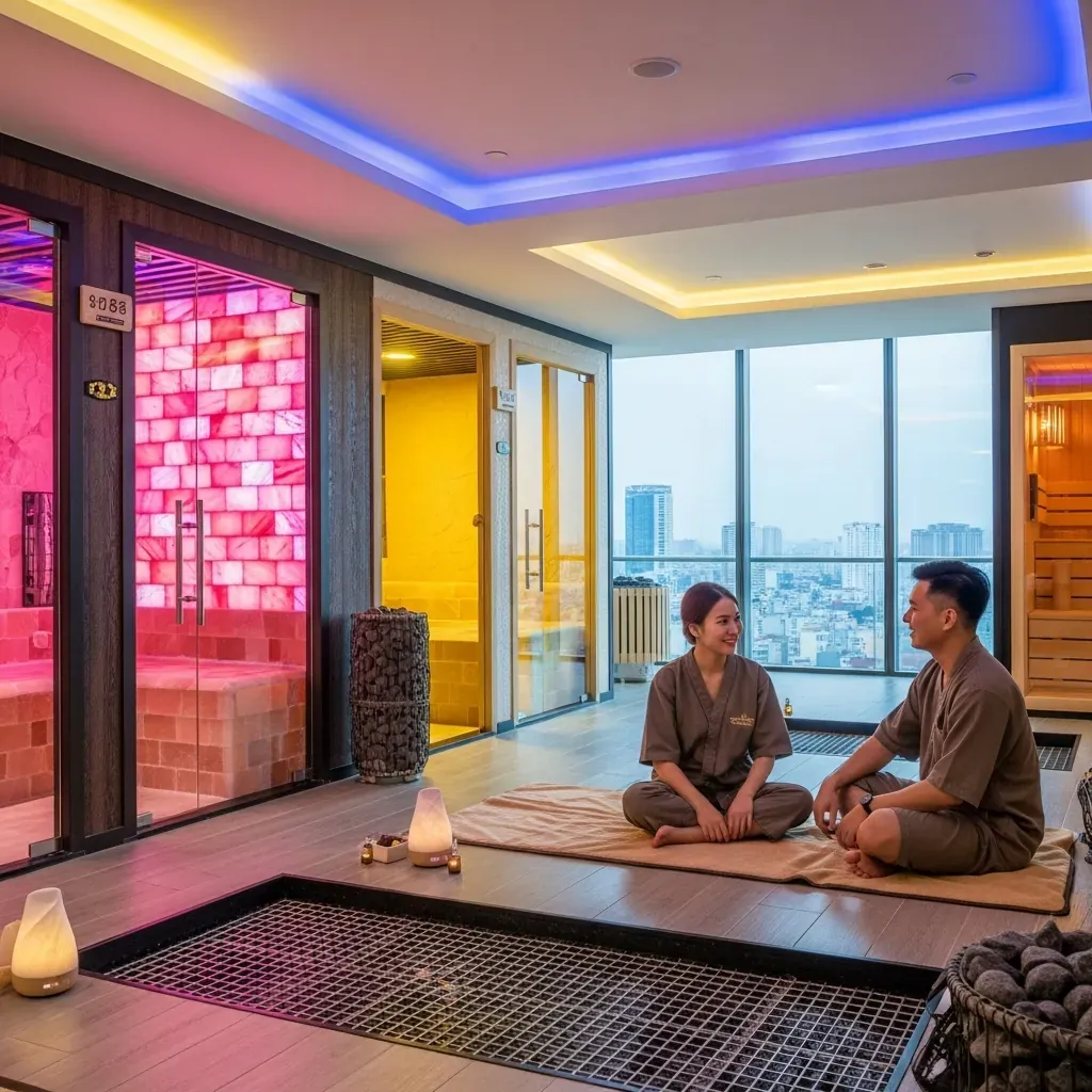Không gian xông hơi Jjim‑Jil‑Bang Hàn Quốc rộng rãi tại Andeva Spa với các phòng muối Himalaya, đất sét vàng và gỗ thông.