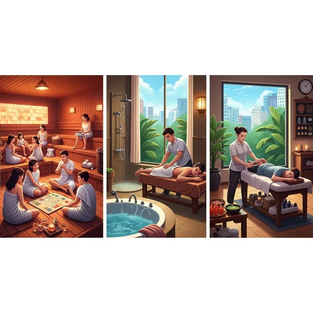 Minh họa ba trải nghiệm spa khác biệt tại Hoàng Mai: xông hơi Hàn Quốc Andeva, massage nam riêng tư GU, và dưỡng sinh Đông y Dưỡng Tâm An.
