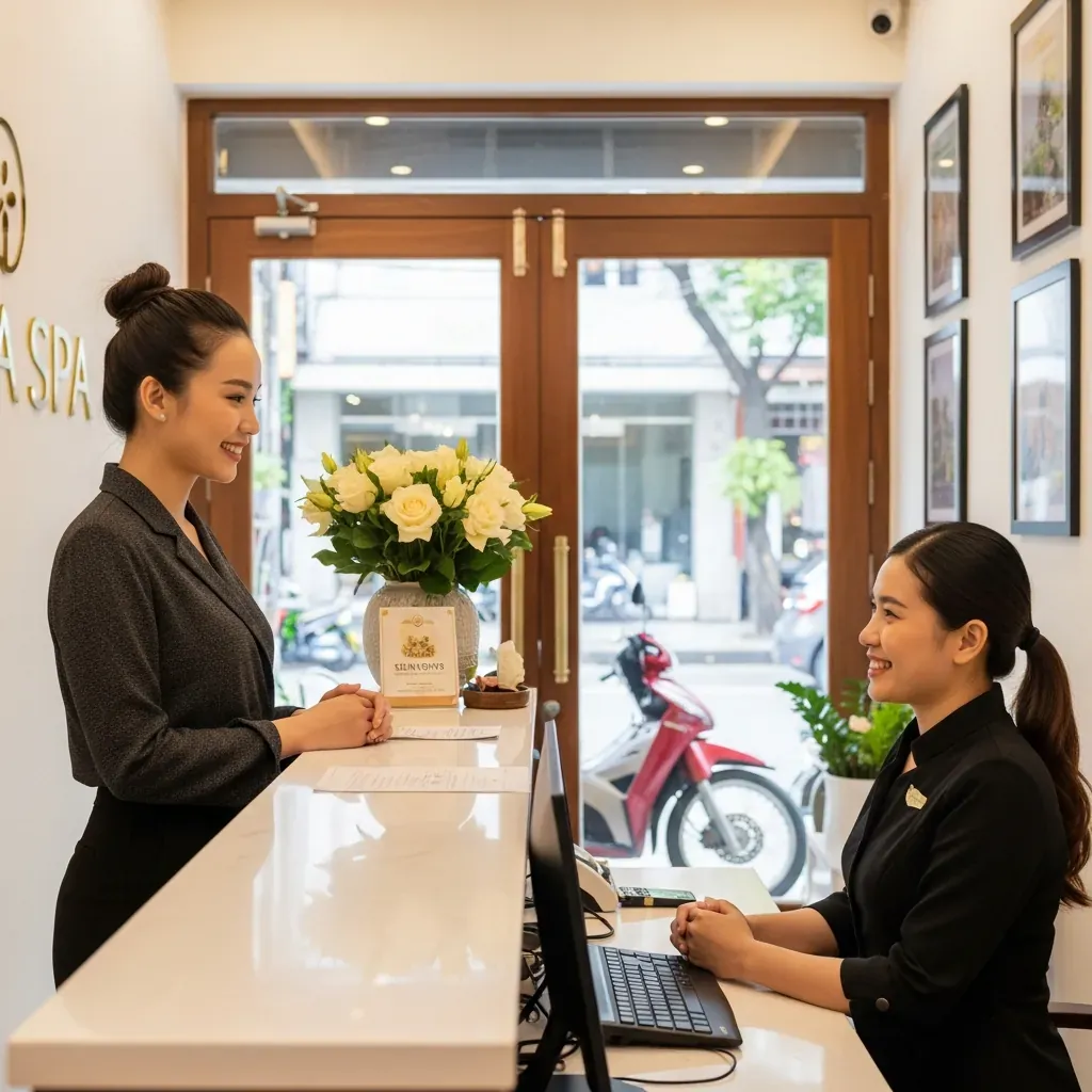 Một nữ khách hàng đang trao đổi thân thiện với lễ tân để rời spa sớm.