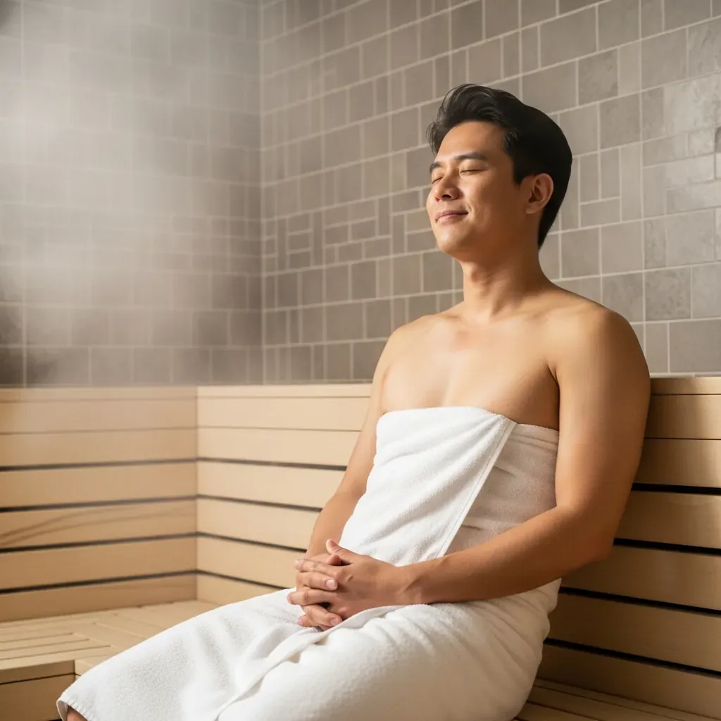 Người đàn ông Việt Nam một mình thư giãn thoải mái trong phòng xông hơi.