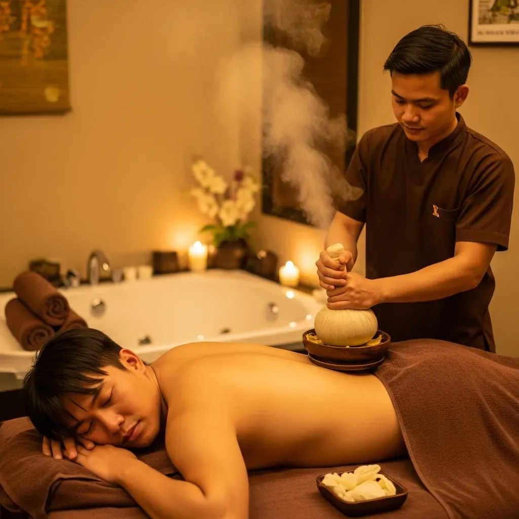 Phòng massage riêng tư dành cho nam giới tại GU Massage VIP, với xông hơi thảo dược và bồn sục.