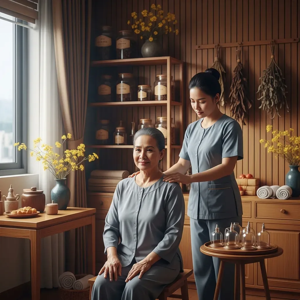 Phòng trị liệu Đông y yên tĩnh tại Dưỡng Tâm An, kỹ thuật viên đang bấm huyệt cho khách.