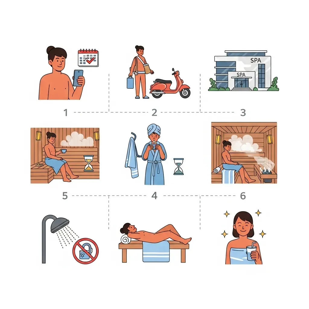 Sơ đồ 6 bước chuẩn bị cho lần đầu đi xông hơi massage, từ gọi điện đặt lịch đến nghỉ ngơi sau liệu trình.